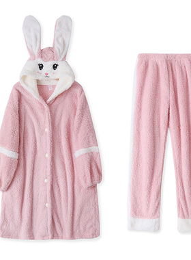 家居套装冬新款外贸女装保暖长绒卡通长袖连帽睡裙+松紧长裤13096