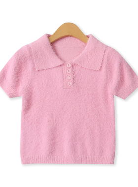 仿水貂毛短袖针织衫秋新款外贸女装时尚短款修身POLO领打底18835