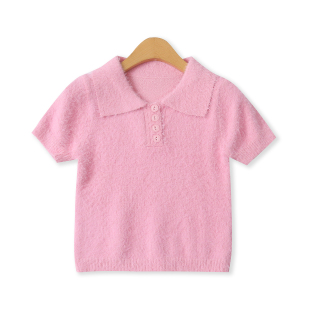 外贸女装 秋新款 时尚 短款 POLO领打底18835 仿水貂毛短袖 修身 针织衫