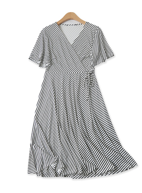 条纹裙夏季新款外贸女装百搭交叉领高腰系带宽松短袖连衣裙16649