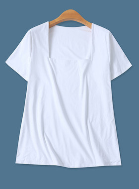 日单方领T恤春夏新款外贸女装百搭纯色修身短袖套头双层上衣17527