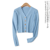 外贸女装 时尚 开衫 春季 16153 长袖 新款 单排扣修身 花边领针织衫 短款