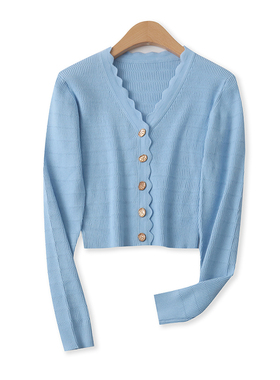 花边领针织衫春季新款外贸女装时尚短款单排扣修身长袖开衫16153