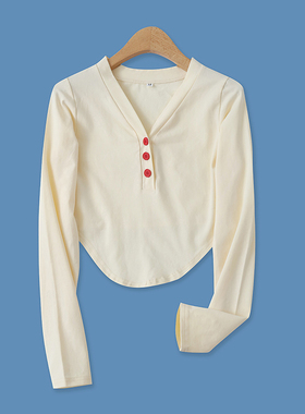 不规则棉T恤秋季新款外贸女装时尚百搭撞色扣显瘦长袖短上衣15561