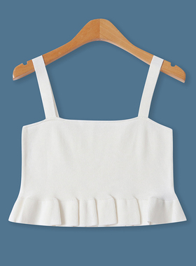 针织吊带衫秋季新款外贸女装时尚露脐荷叶下摆修身打底背心18889