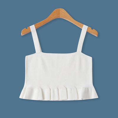 针织吊带衫秋季新款外贸女装时尚露脐荷叶下摆修身打底背心18889