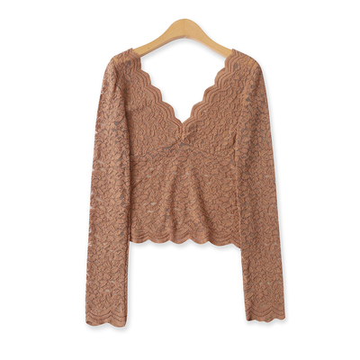 蕾丝衫秋季新款外贸女装时尚短款修身前后V领长袖镂空打底衫18703