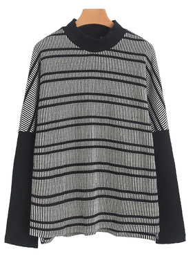 条纹卫衣秋新款外贸女装时尚百搭显瘦半高领撞色拼接长袖上衣9768
