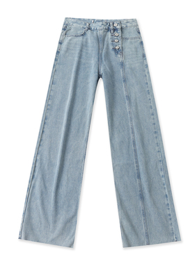 不对称牛仔长裤春新款外贸女装时尚百搭高腰拼接毛边阔腿裤19350