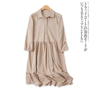 弹力高腰显瘦七分袖 荷叶连衣裙秋季 时尚 外贸女装 中长裙13506 新款