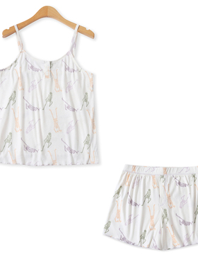 家居印花套装夏季新款外贸女装吊带背心+松紧高腰短裤分开卖18959