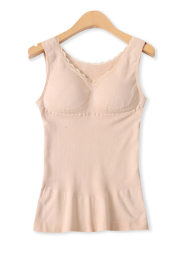 毛圈棉保暖背心春季新款外贸女装塑身蕾丝边带胸垫内搭上衣19542