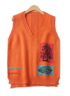 提花针织马甲秋季新款外贸女装百搭休闲V领宽松套头无袖背心17865