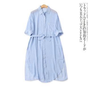 夏季 衬衫 新款 百搭休闲单排扣宽松短袖 裙18181 外贸女装 格子空调衫