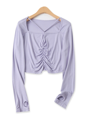 挂脖T恤夏秋新款外贸女装时尚百搭短款镂空方领修身长袖上衣16852