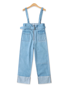 牛仔背带裤夏季新款外贸女装百搭减龄高腰拉链显瘦翻边长裤18335