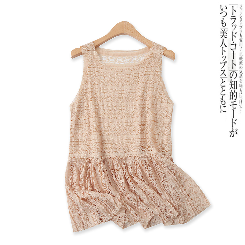 蕾丝衫夏季新款外贸女装甜美镂空半透视显瘦裙下摆无袖罩衫14294