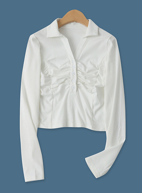 时尚褶皱小衫春季新款外贸女装百搭显瘦翻领弹力修身长袖T恤16468