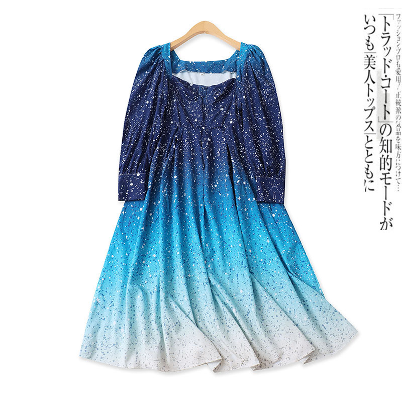 渐变色连衣裙夏季新款外贸女装时尚方领高腰拉链泡泡袖长裙18191