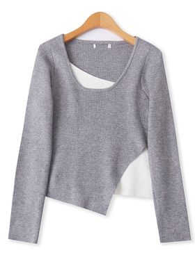 设计感毛衣秋冬新款外贸女装时尚不规则修身拼色长袖打底衫19207