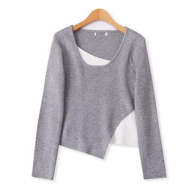 设计感毛衣秋冬新款外贸女装时尚不规则修身拼色长袖打底衫19207