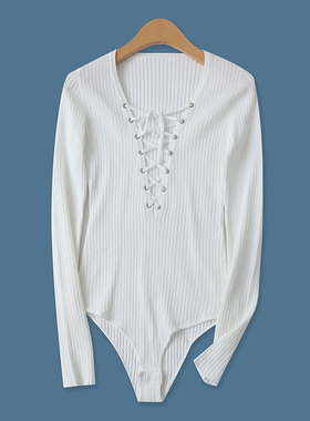 长袖针织连衣裤秋季新款外贸女装胸前绑带按扣底裆修身短裤16828