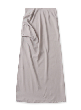 褶皱半身裙秋新款外贸女装时尚自然腰侧拉链显瘦高开叉长裙18865