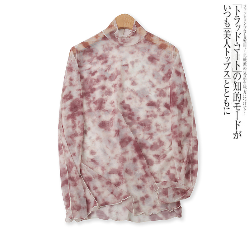 扎染网衫春夏季新款外贸女装性感透视百搭显瘦半高领长袖T恤14598