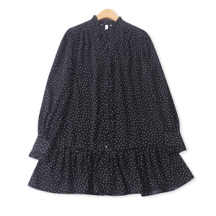 单排扣荷叶边宽松长袖 百搭时尚 连衣裙19654 外贸女装 波点裙春新款