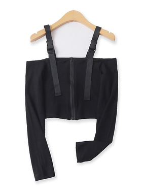 性感辣妹装春夏新款外贸女装露脐一字肩修身长袖爵士舞上衣16733