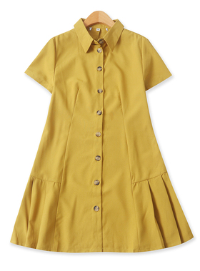 法式连衣裙秋季新款外贸女装百搭短袖翻领单排多扣修身短裙18989