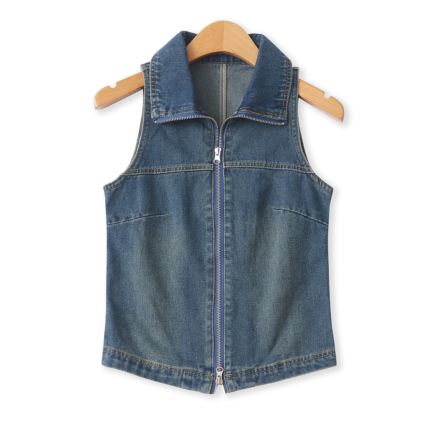 牛仔马甲秋季新款外贸女装百搭休闲复古色翻领修身拉链背心18615