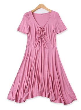 连衣裙夏新款外贸女装百搭系带套头高腰弹力显瘦短袖中长裙13532