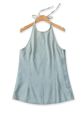 挂脖牛仔背心夏季新款外贸女装时尚露背绑带侧拉链显瘦上衣18607