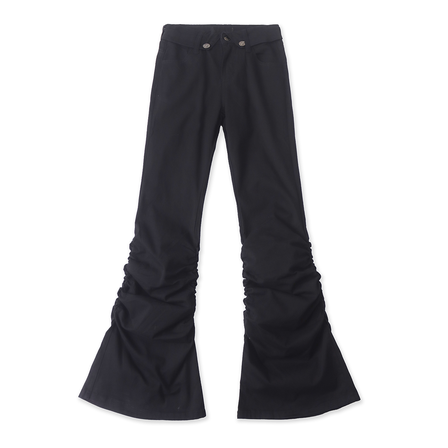 时尚褶皱休闲裤秋季新款外贸女装百搭翻边腰修身喇叭口长裤19133