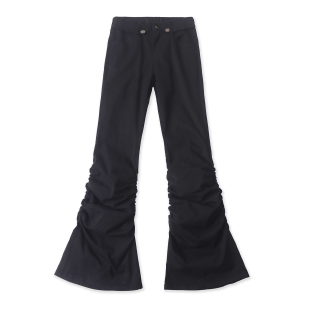 新款 秋季 外贸女装 百搭翻边腰修身 19133 时尚 喇叭口长裤 褶皱休闲裤