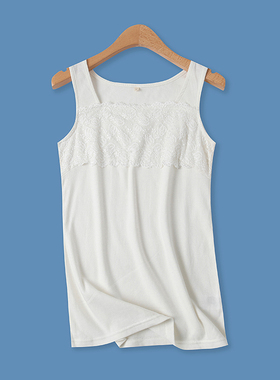 日单棉背心夏季新款外贸女装百搭修身方领蕾丝花无袖打底T恤14732