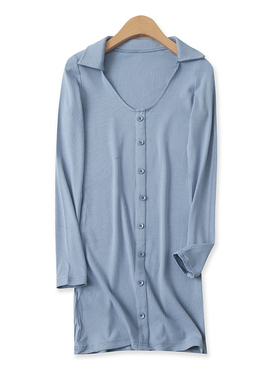 针织连衣裙春季新款外贸女装时尚百搭单排扣长袖弹力打底裙16304