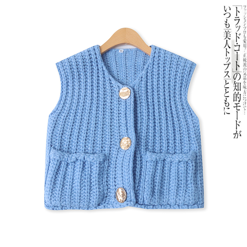 粗针织背心秋新款外贸女装百搭短款单排大纽扣宽松无袖马甲17914