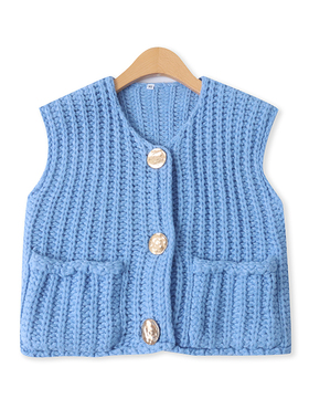 粗针织背心秋新款外贸女装百搭短款单排大纽扣宽松无袖马甲17914