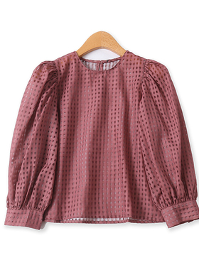 时尚小衫秋季新款外贸女装减龄圆领宽松泡泡袖套头格子上衣13331