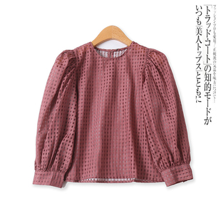 时尚小衫秋季新款外贸女装减龄圆领宽松泡泡袖套头格子上衣13331