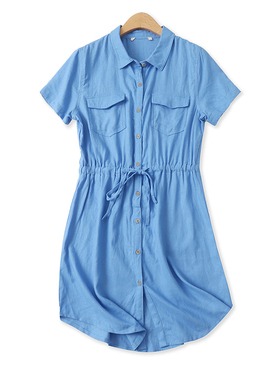 棉麻休闲连衣裙夏季新款外贸女装百搭系带单排扣短袖中长裙15540