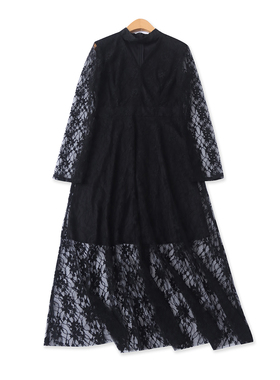 蕾丝连衣裙夏季新款外贸女装时尚百搭镂空透视显瘦长袖黑裙18361