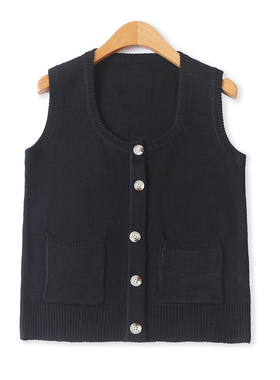 黑马甲秋新款外贸女装百搭低圆领装饰扣双口袋显瘦针织背心19081