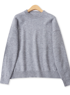 灰毛衣冬季新款外贸女装纯色百搭圆领宽松长袖针织打底上衣19302