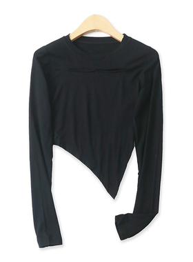 不规则打底衫春新款外贸女装个性破洞高弹力圆领显瘦长袖T恤16238