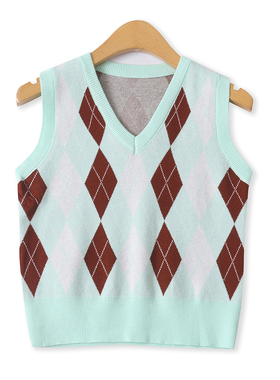 菱格针织背心秋季新款外贸女装学院风百搭修身短款拼色马甲18825