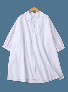 大版型棉衬衫夏季新款外贸女装翻领单排扣落肩袖加肥白衬衣17133