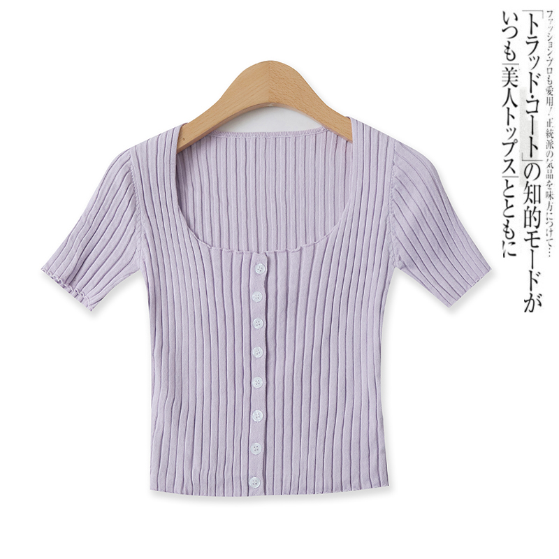 短袖针织T恤百搭显瘦U领单排扣